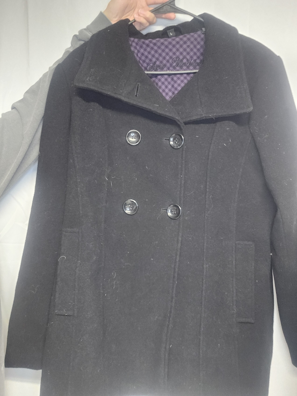 Eddie Bauer Black Double-Breasted Pea Coat with Purple Lining